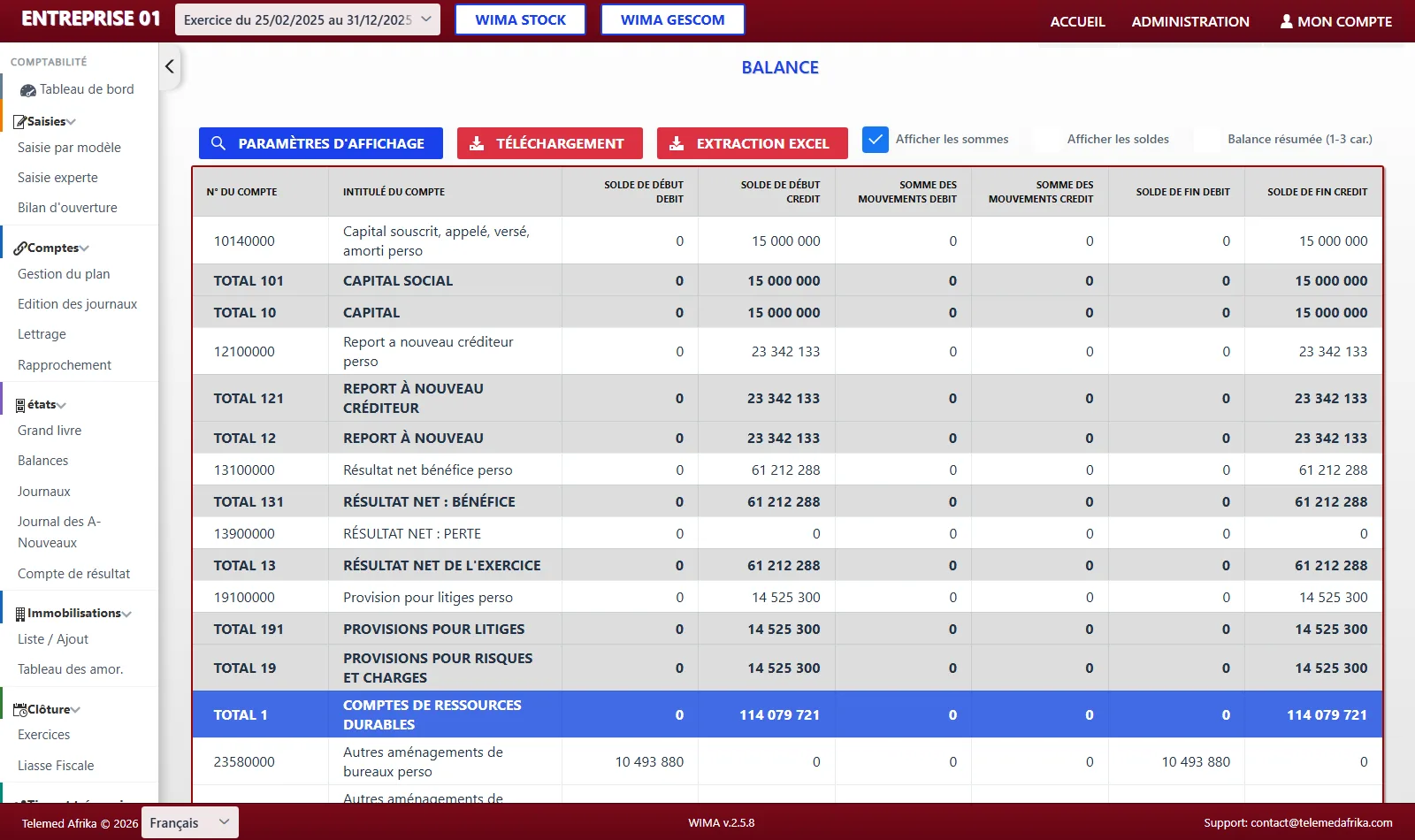 Balance générale Wima-Compta conforme SYSCOHADA avec export Excel