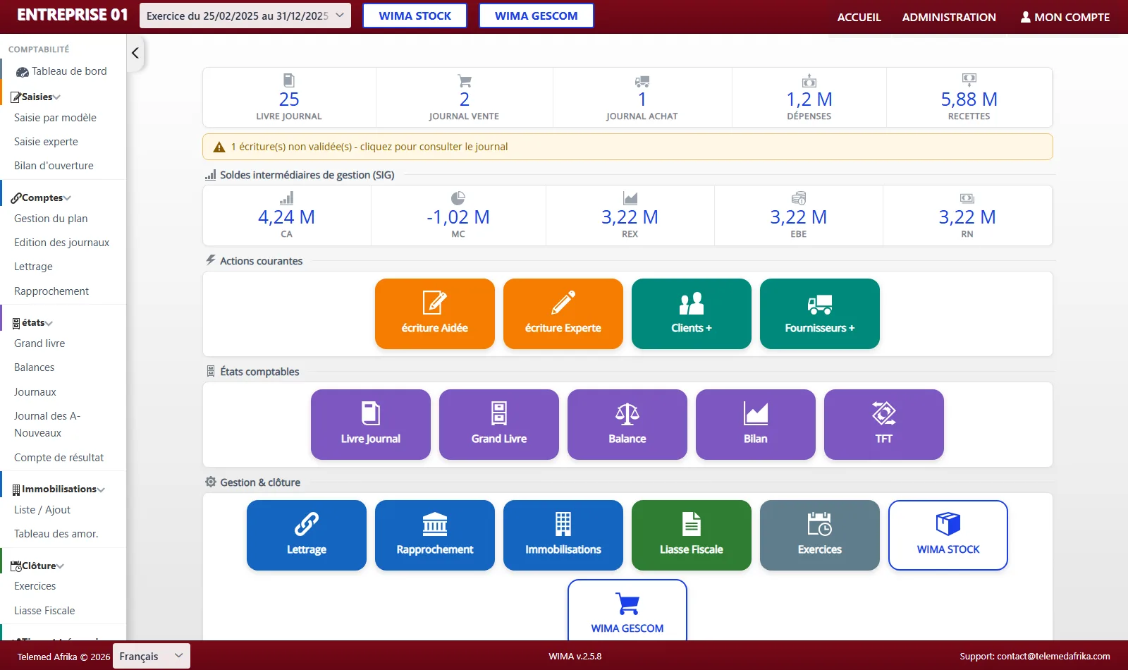 Tableau de bord Wima-Compta : indicateurs clés, soldes intermédiaires de gestion et actions courantes